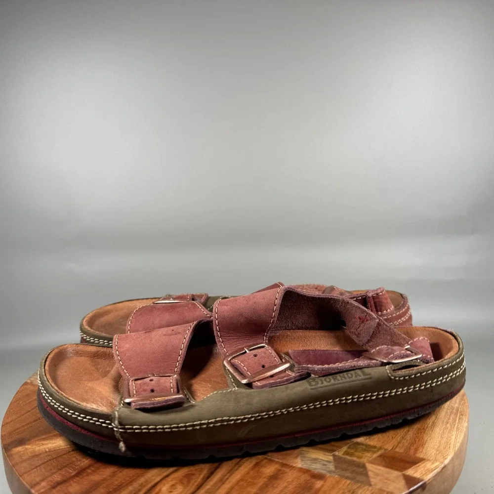 Bjorndal Mens 10 Leather Triple Buckle Slide Sandals Burgundy Made in Europe